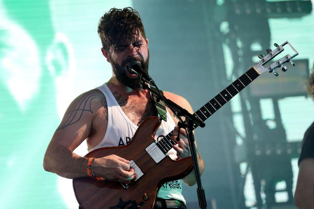 Yannis Philippakis of Foals performs on the Pyramid Stage at Glastonbury