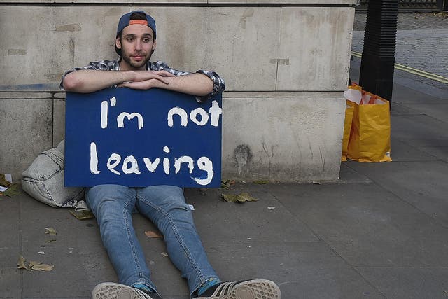A young man makes his Brexit stance clear during a protest in central London against the UK's decision to leave the EU