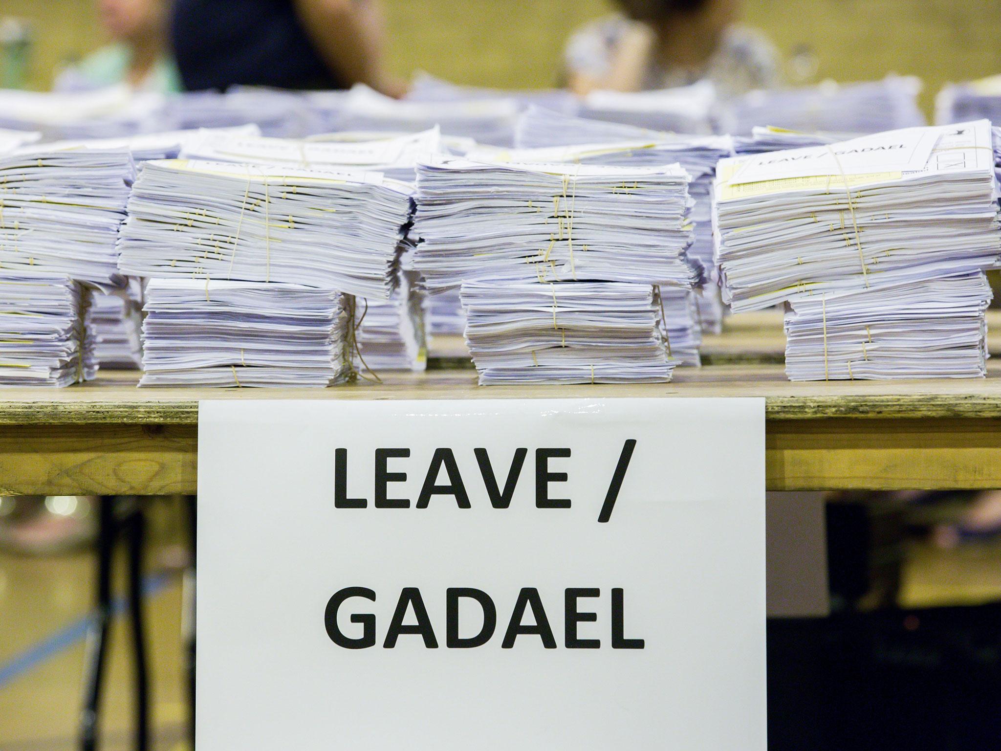 ‘Leave’ votes piled up on the counting tables in Cardiff on referendum night
