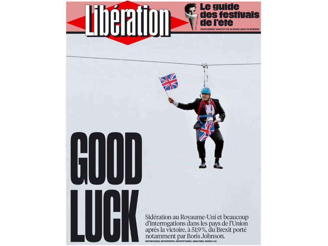 Cover of French newspaper Liberation showing Boris Johnson hanging from a zipwire
