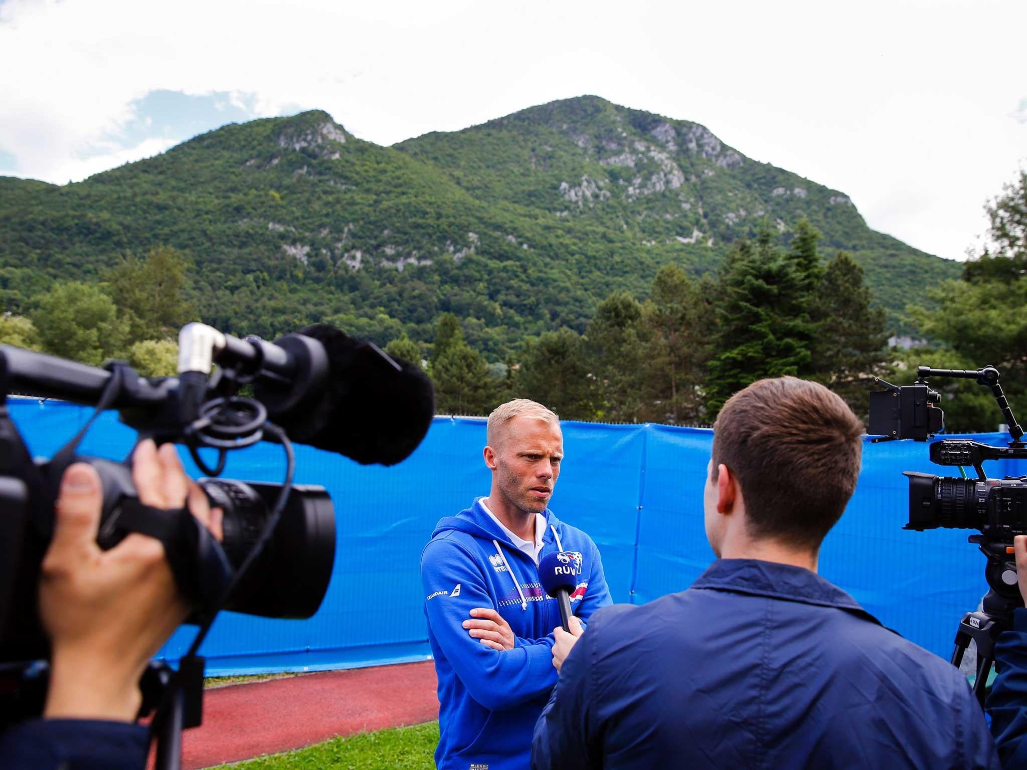 Eider Gudjohnsen speaks with the media ahead of facing England