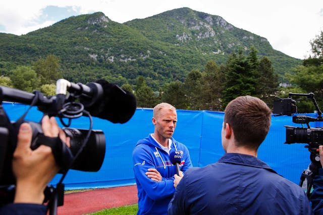 Eider Gudjohnsen speaks with the media ahead of facing England