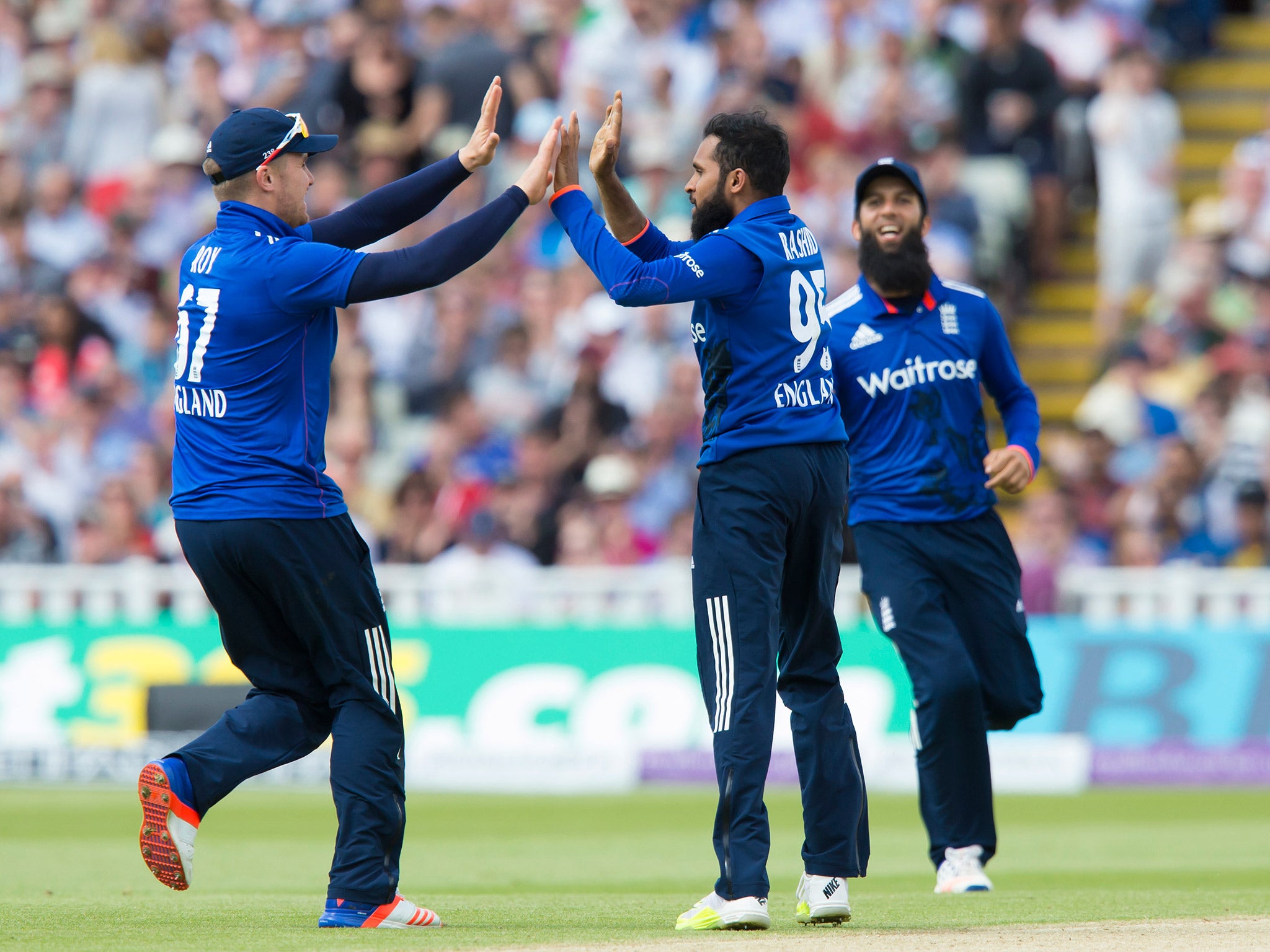 Adil Rashid celebrates taking a wicket against Sri Lanka