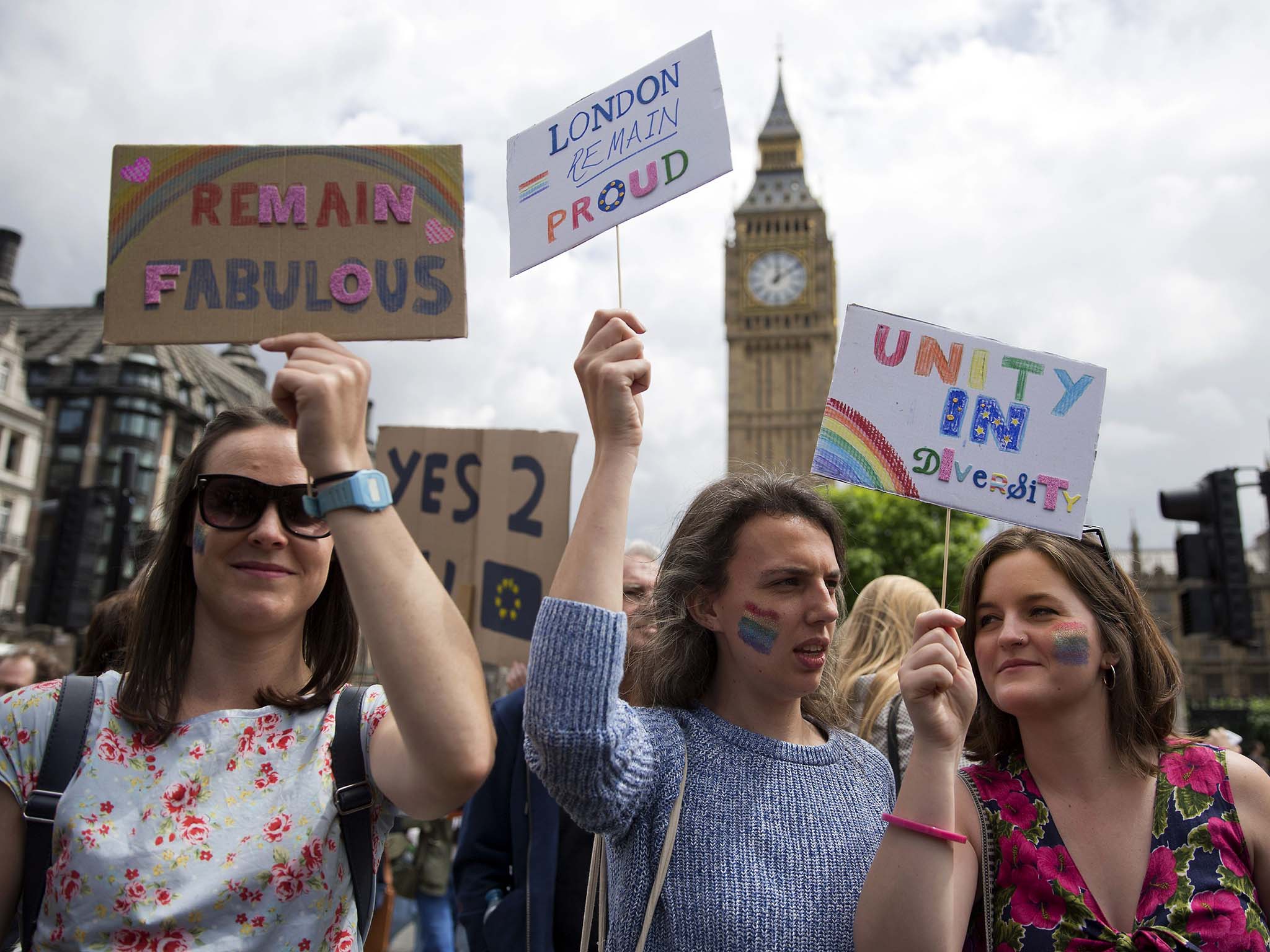 Demonstrators hold placards during a London protest against the pro-Brexit outcome of last month’s EU referendum 