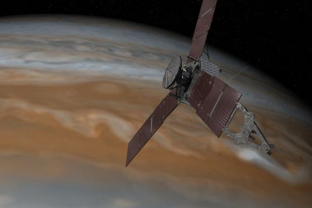 Artist's impression of Juno approaching Jupiter. The probe will have to survive the radiation of the planet's magnetic field to complete the mission