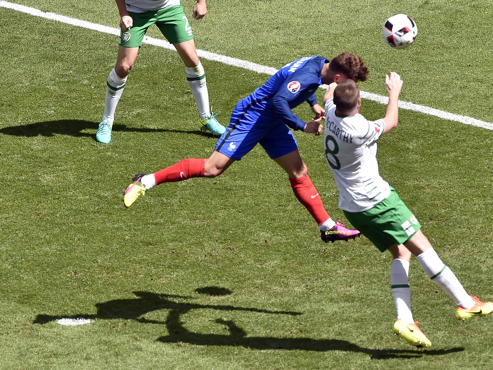 Antoine Griezmann heads in the equaliser during France's 2-1 win over the Republic of Ireland