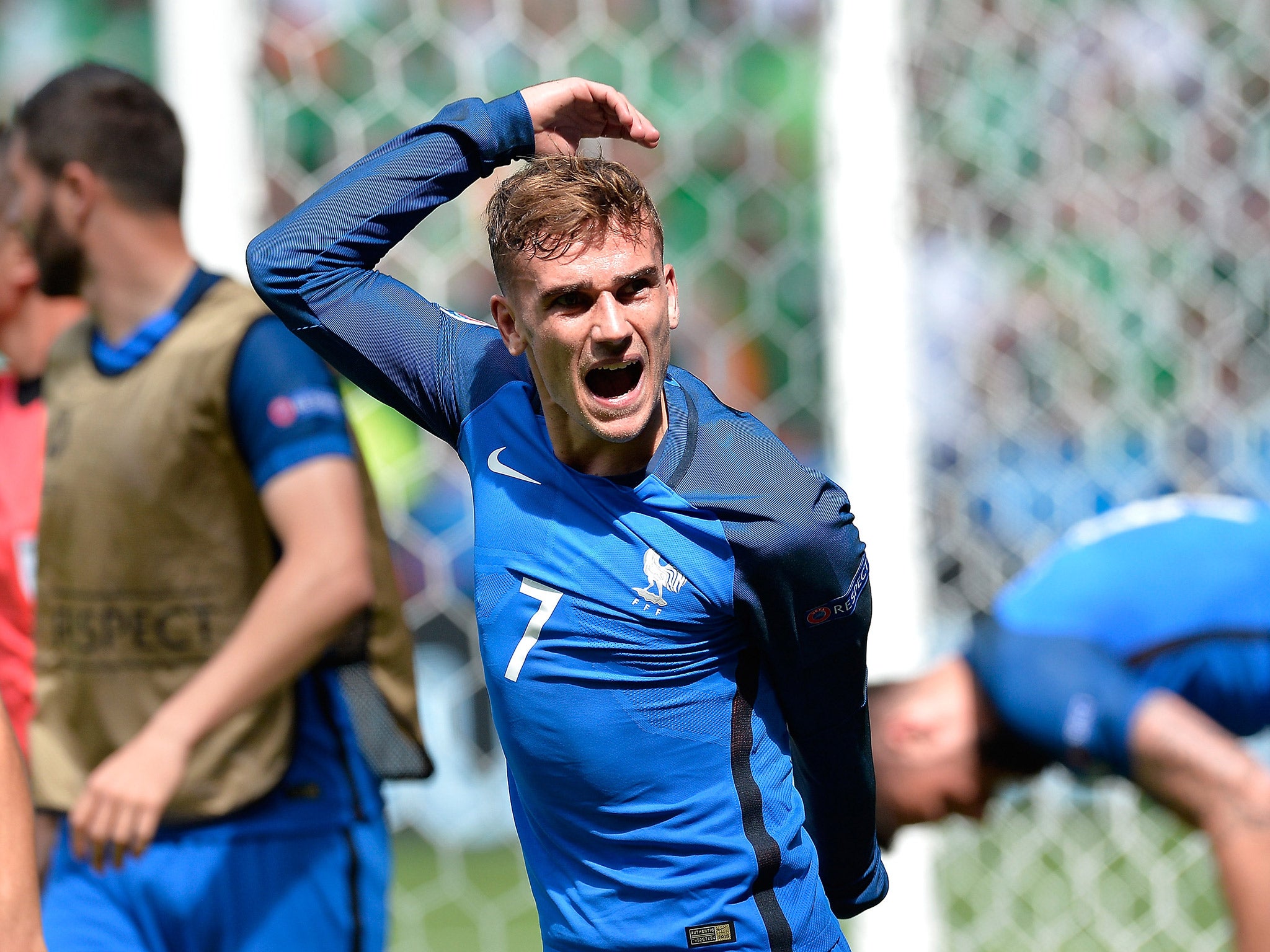 Antoine Griezmann celebrates scoring for France against Republic of Irealand