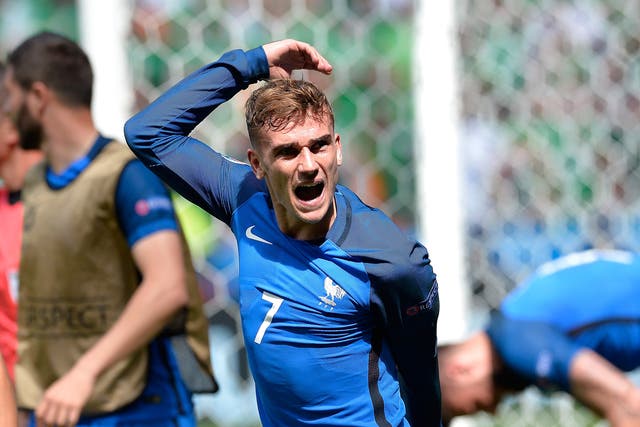 Antoine Griezmann celebrates scoring for France against Republic of Irealand