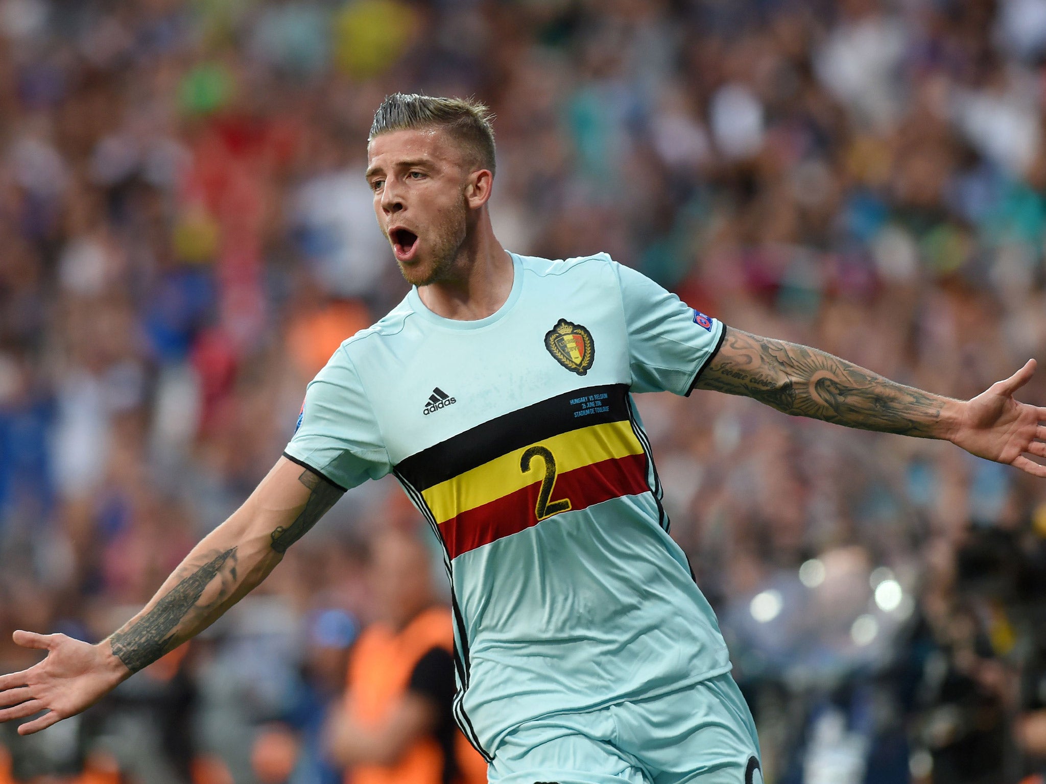 Toby Alderweireld celebrates scoring the opening goal for Belgium against Hungary