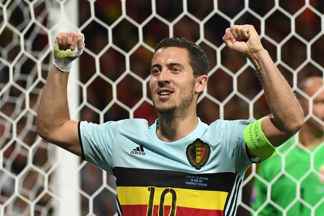 Eden Hazard celebrates scoring for Belgium against Hungary