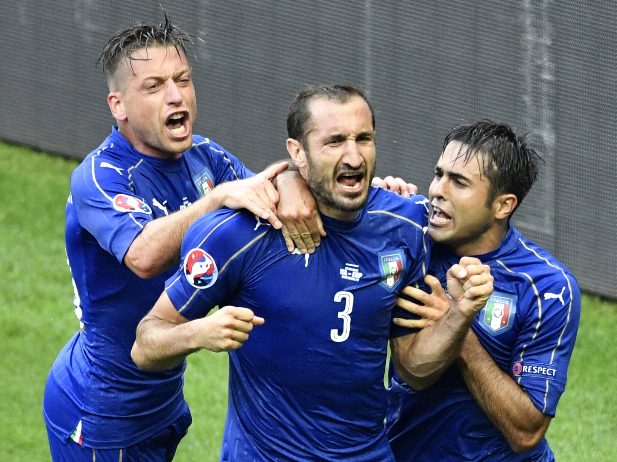 Giorgio Chiellini celebrates scoring for Italy against Spain