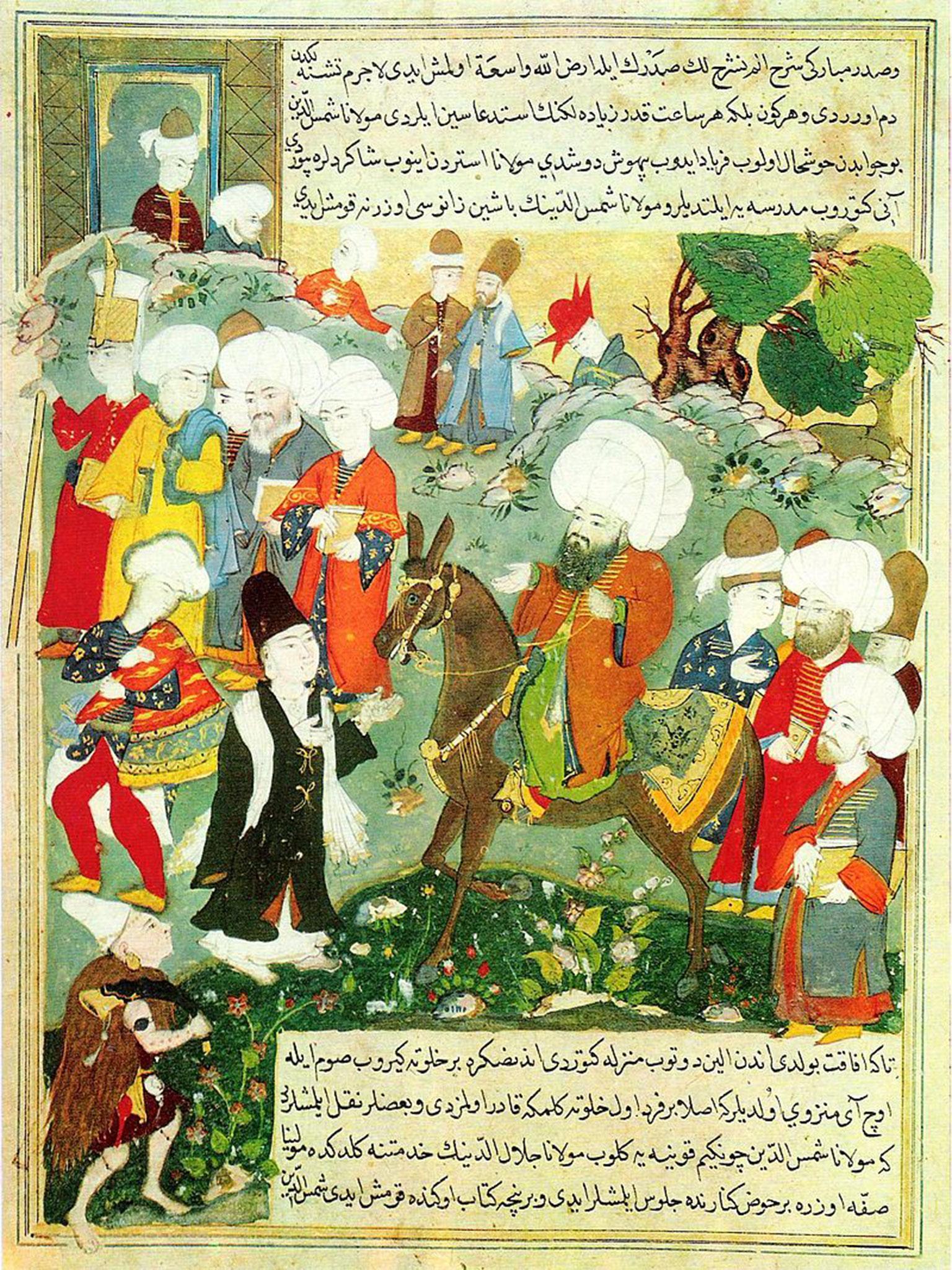 The meeting of Rumi and Shams-e Tabrizi depicted in a an Ottoman-era manuscript from the end of the 16th century.