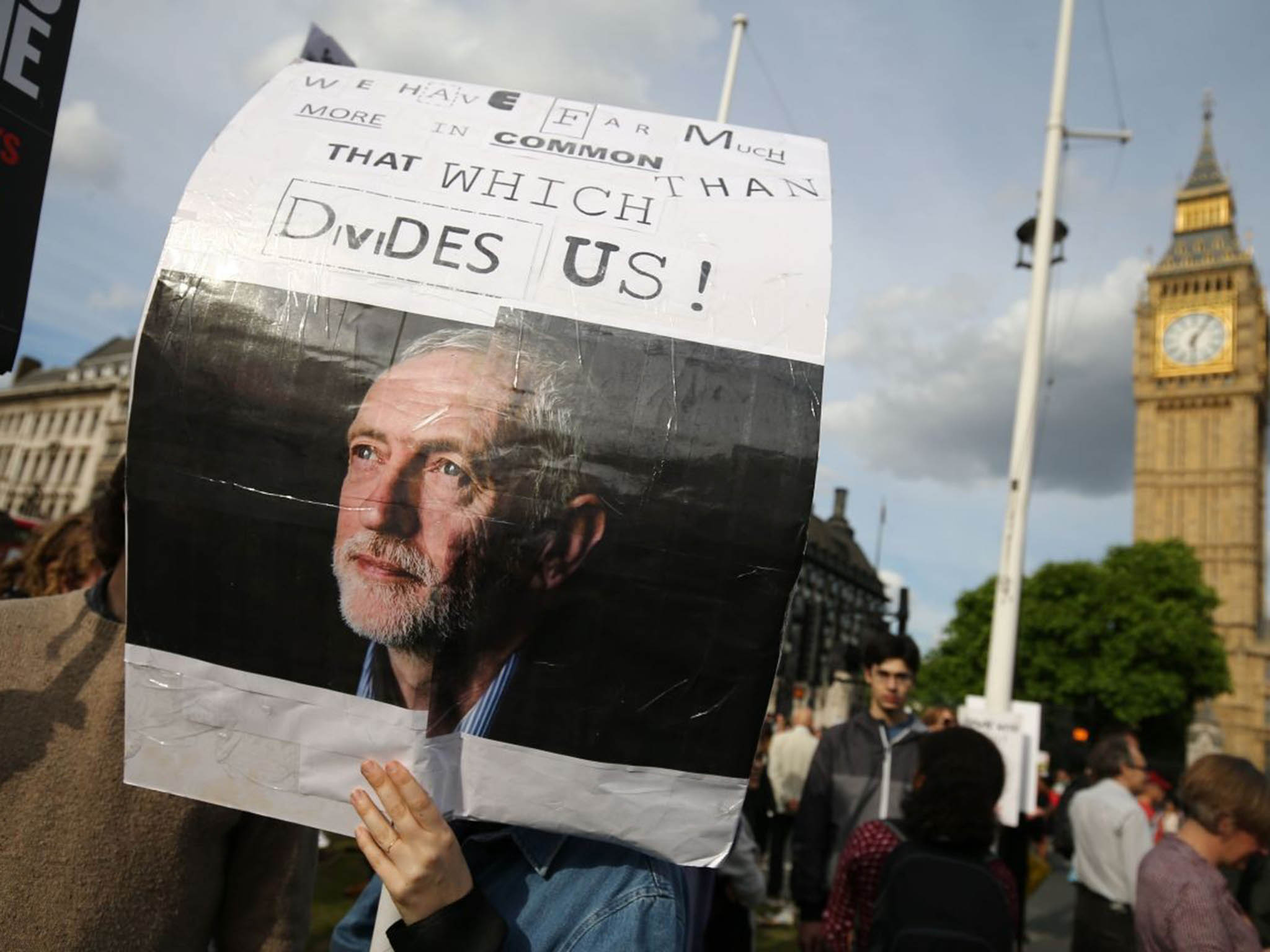 A protester holds up a placard in support of Leader of the opposition Labour Party Jeremy Corbyn outside parliament during a pro-Corbyn demonstration in central London on June 27, 2016