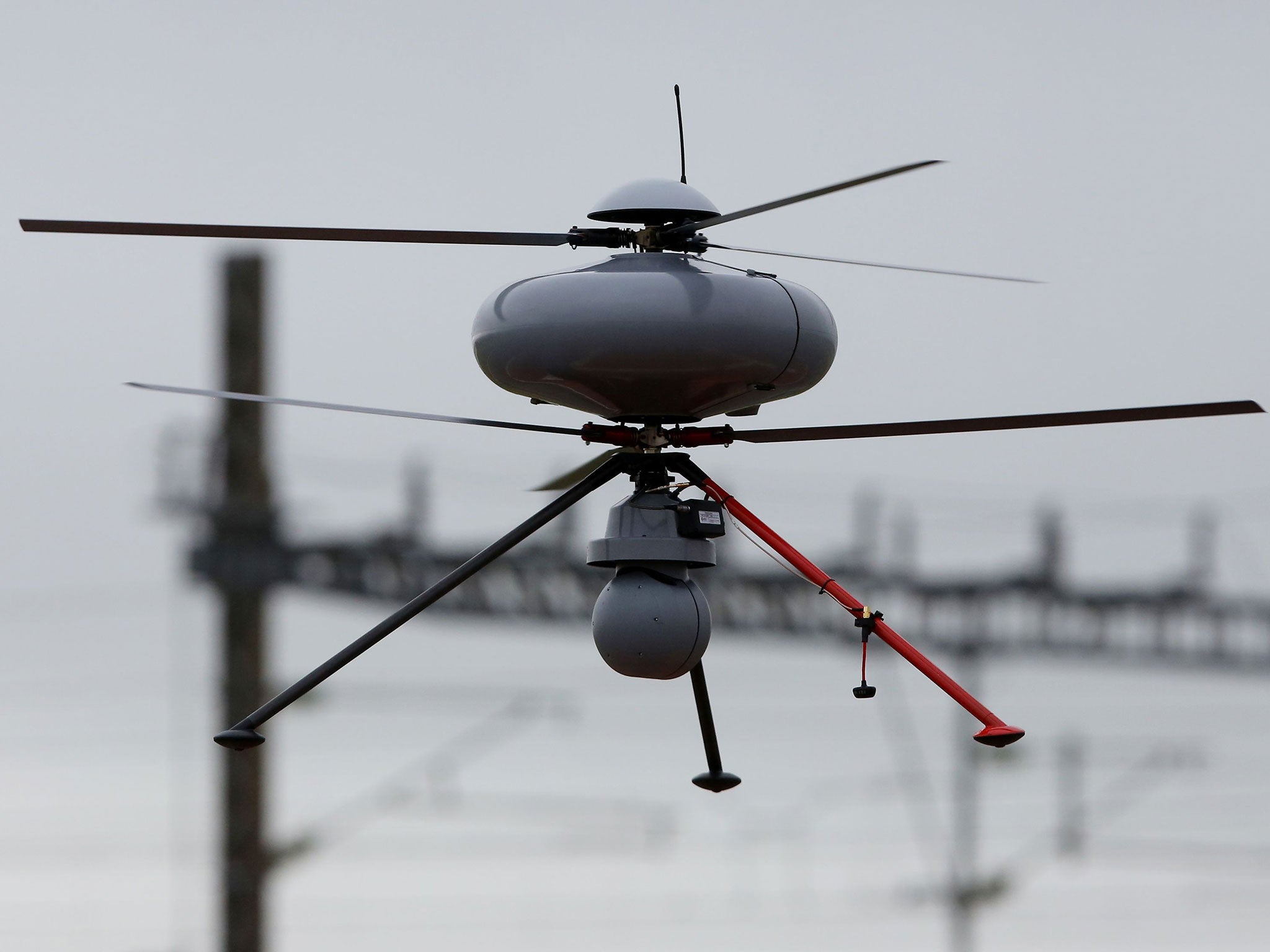 A new security drone flies over the Eurotunnel in Calais, France, on 27 June