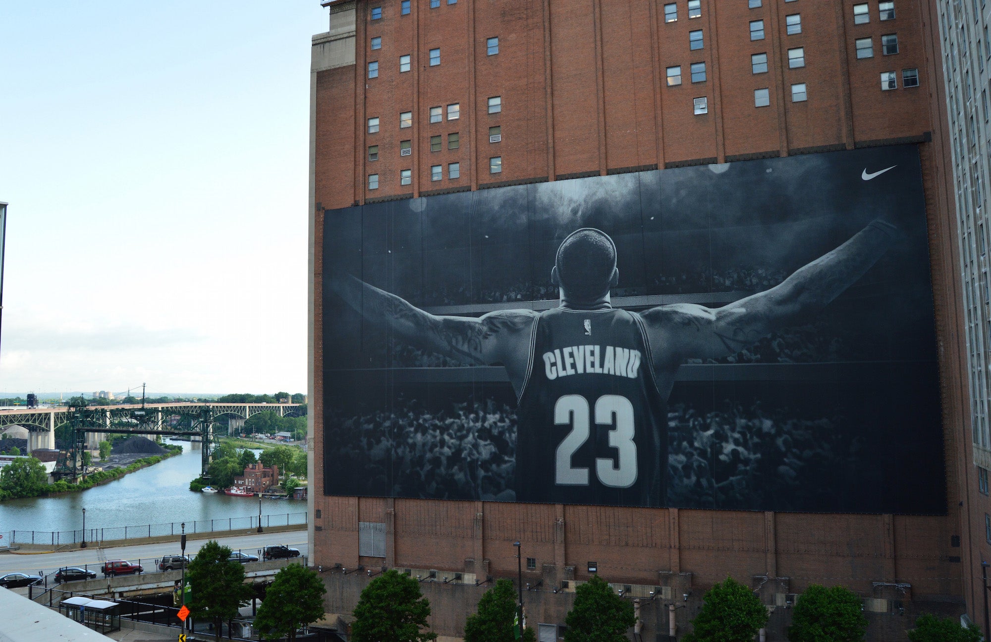 The LeBron James banner hanging in downtown Cleveland.