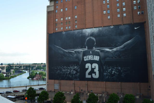 The LeBron James banner hanging in downtown Cleveland.