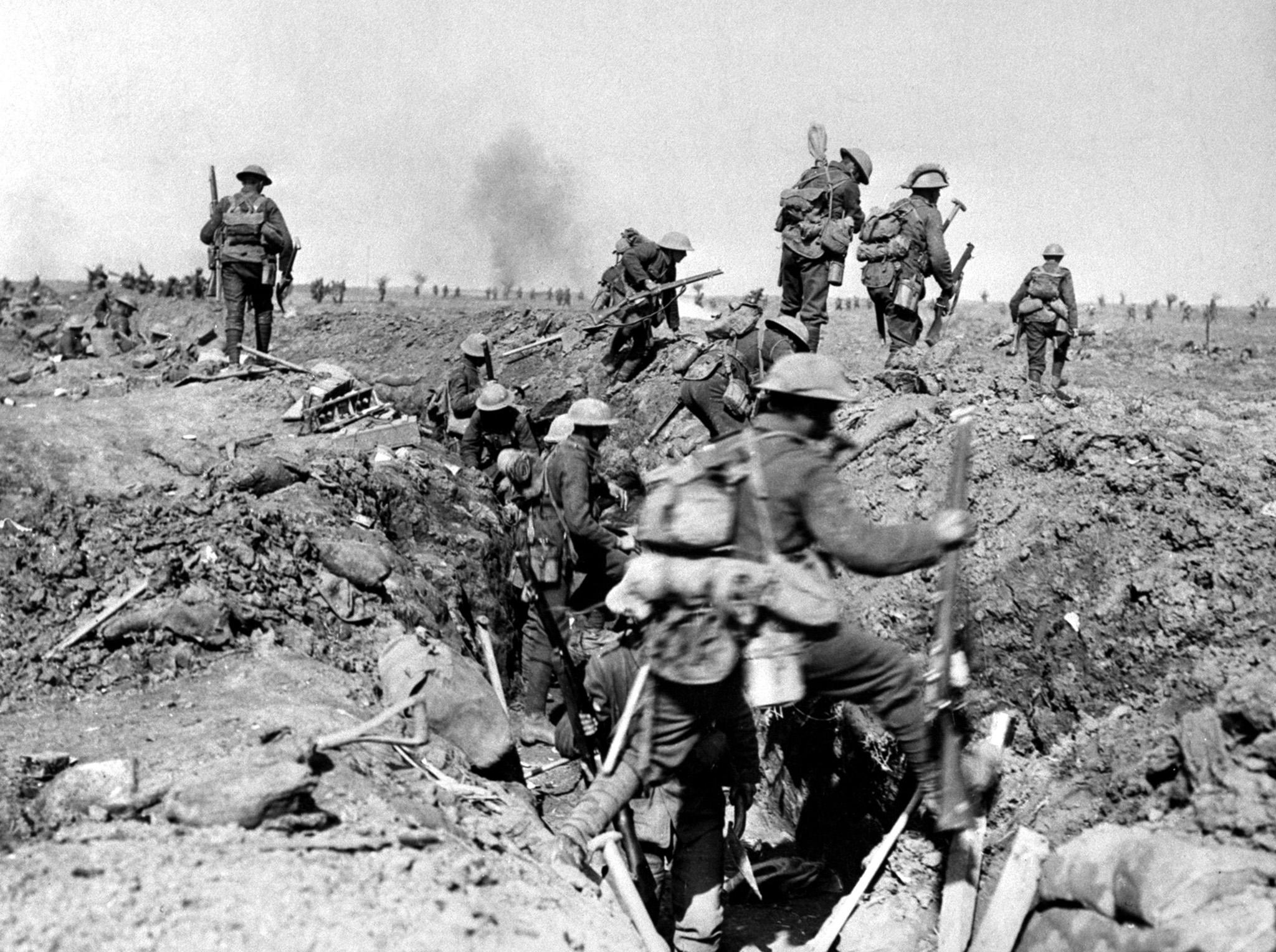 Troops of the British XIV Corps, advancing near Ginchy, during the Battle of Morval, part of the Somme Offensive