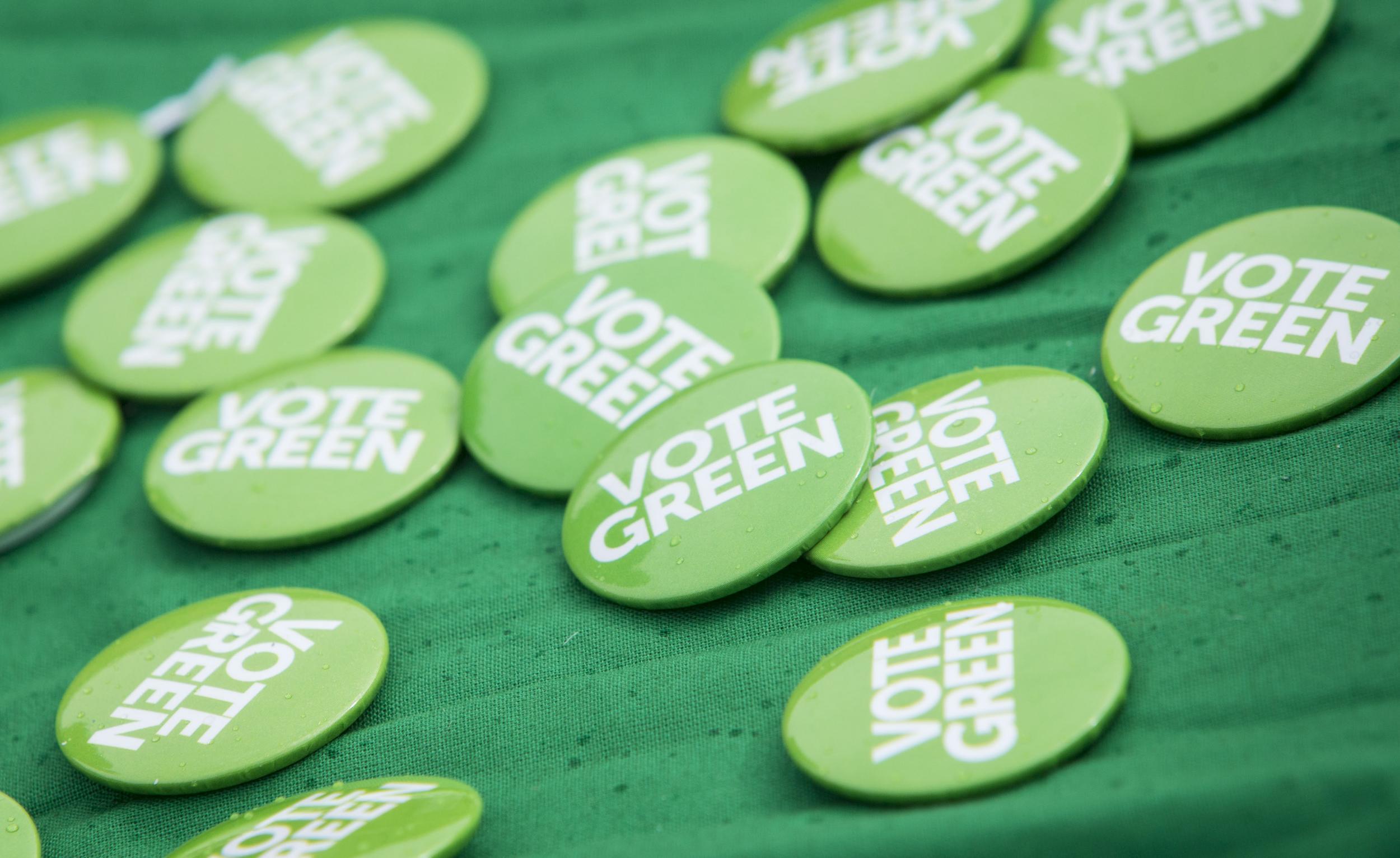 Green Party badges at the party's campaign launch for the 2016 elections