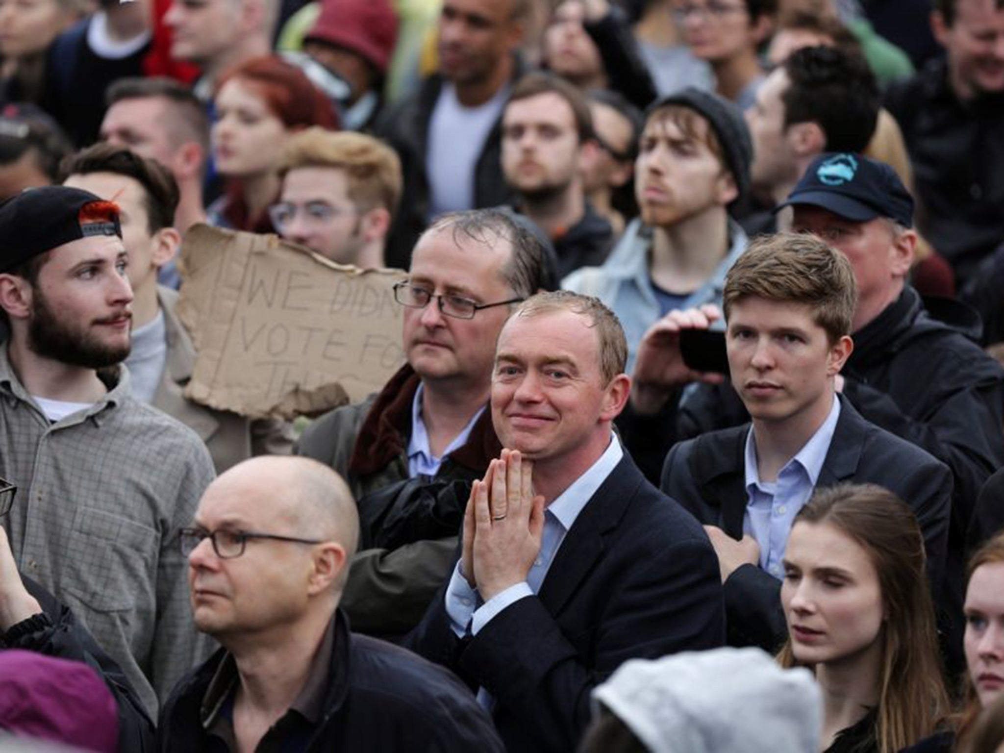 Liberal Democrat leader Tim Farron in the crowds at the London Stays anti-Brexit rally