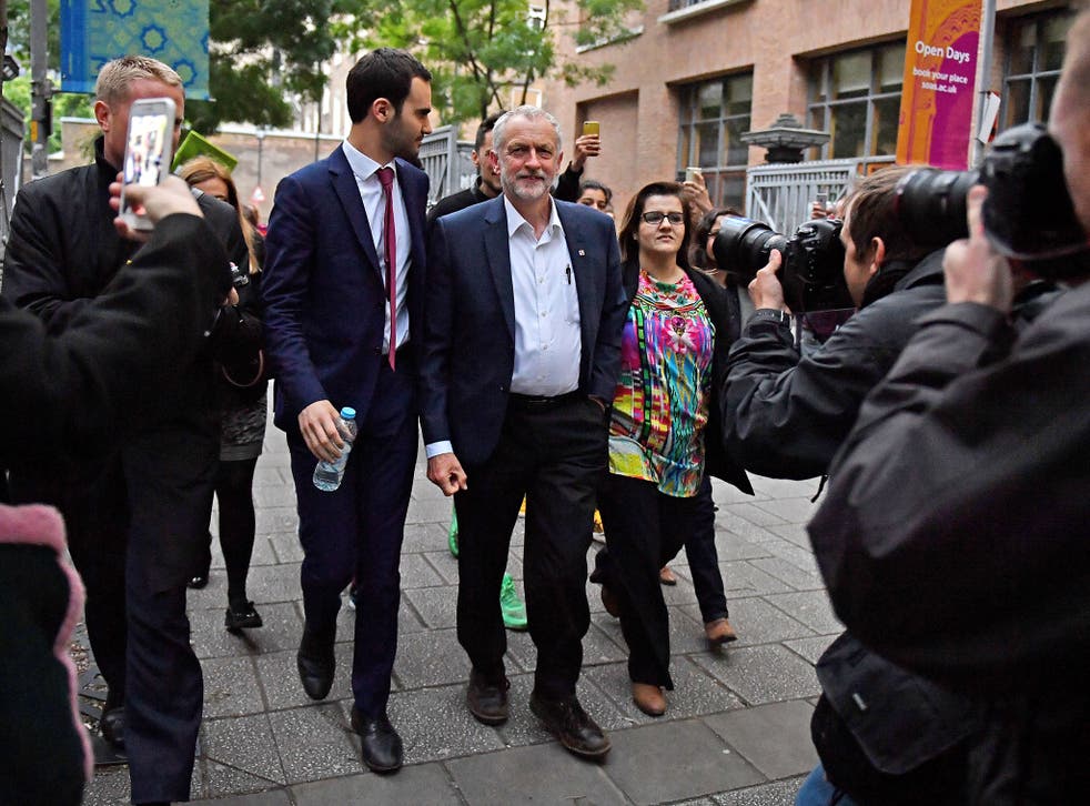 Jeremy Corbyn arrives to speak at a 'Keep Corbyn' rally at the School of Oriental and African Studies on June 29, 2016 in London
