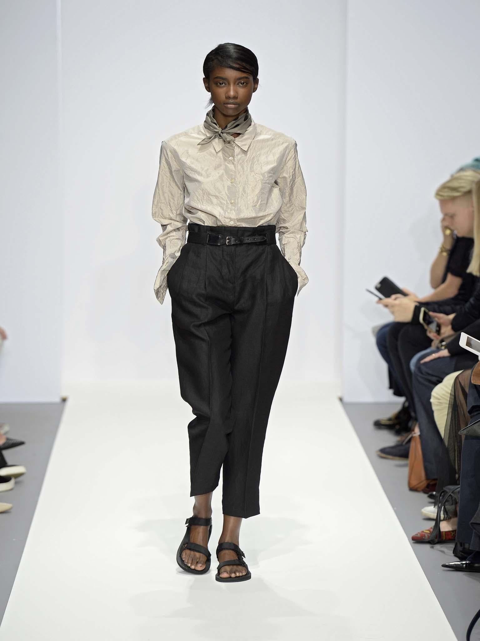 Margaret Howell's crumpled paper bag waist trousers and coarse button-up shirts look like they might have been slept in