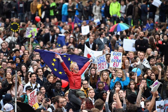 Pro-EU campaigners rally after the referendum result polled 52 per cent in favour of leaving