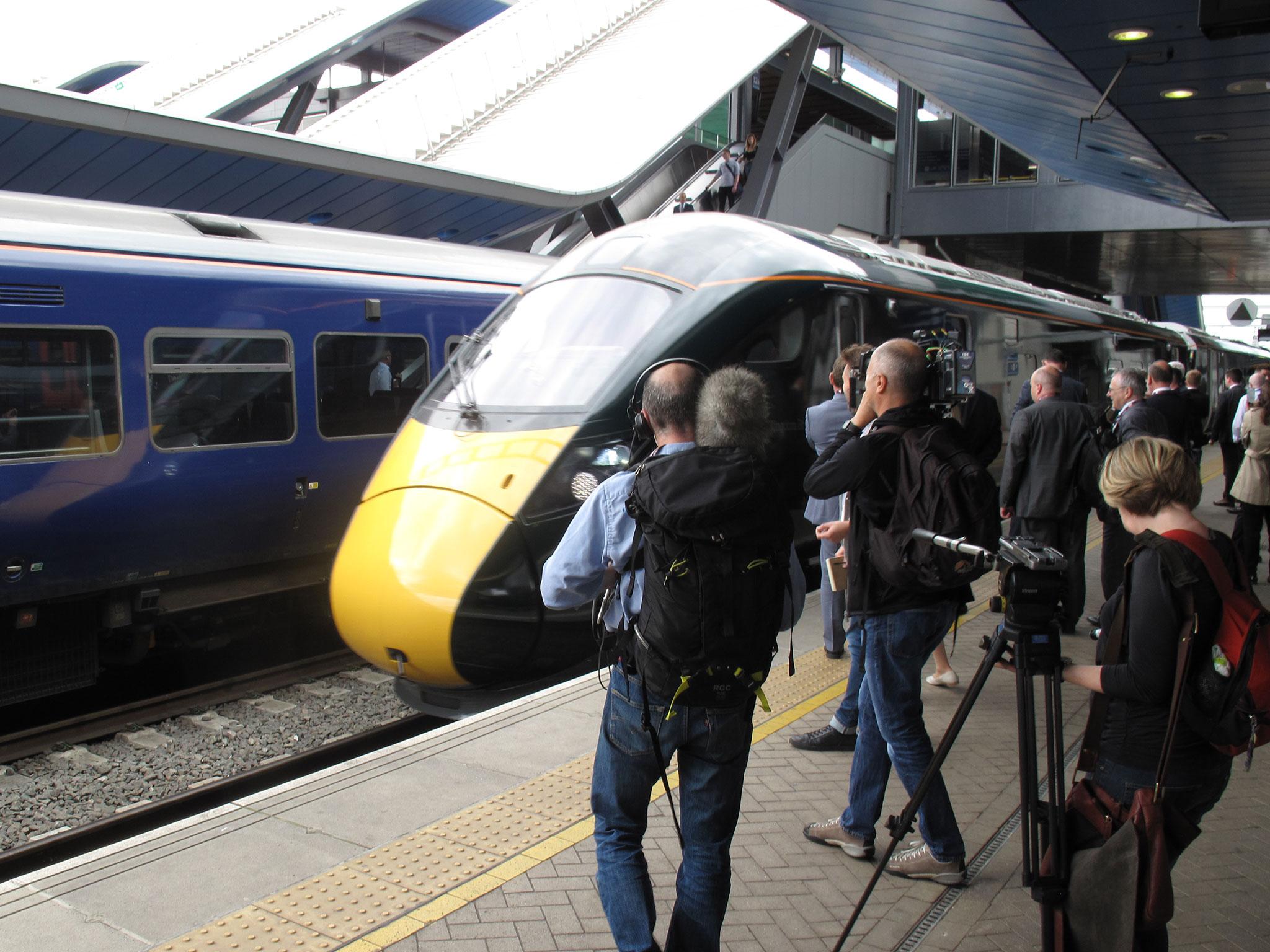 The Japanese-built Hitachi high-speed train, named Isambard Kingdom Brunel, is unveiled to the media at Reading station