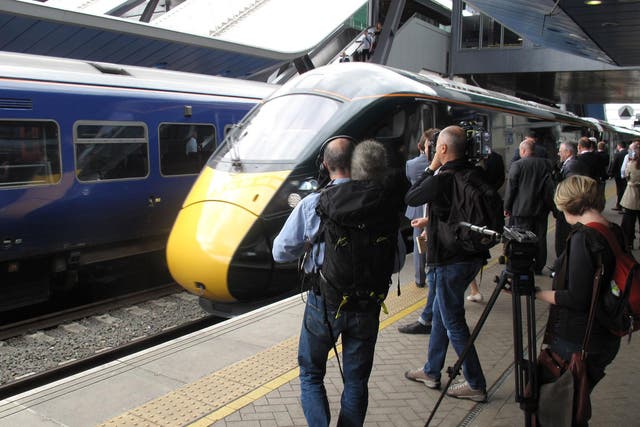 The Japanese-built Hitachi high-speed train, named Isambard Kingdom Brunel, is unveiled to the media at Reading station