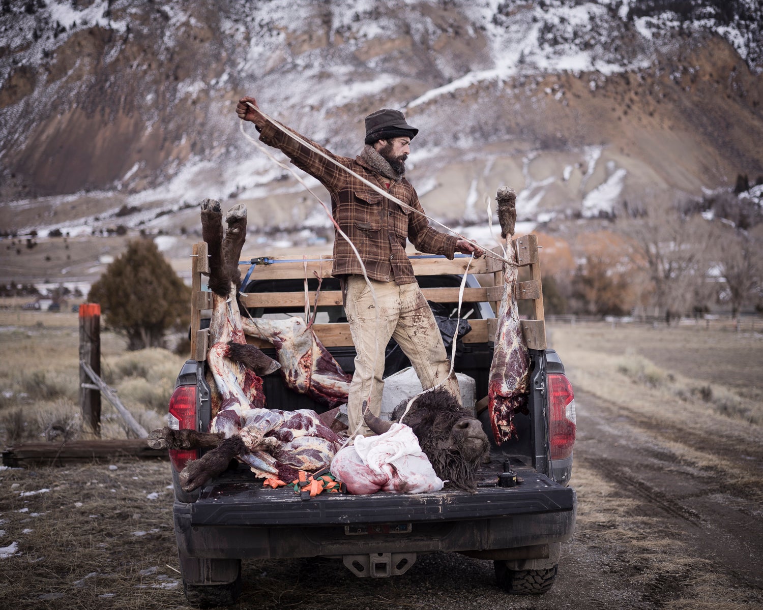 Josh loads buffalo quarters into a Native American hunter's truck