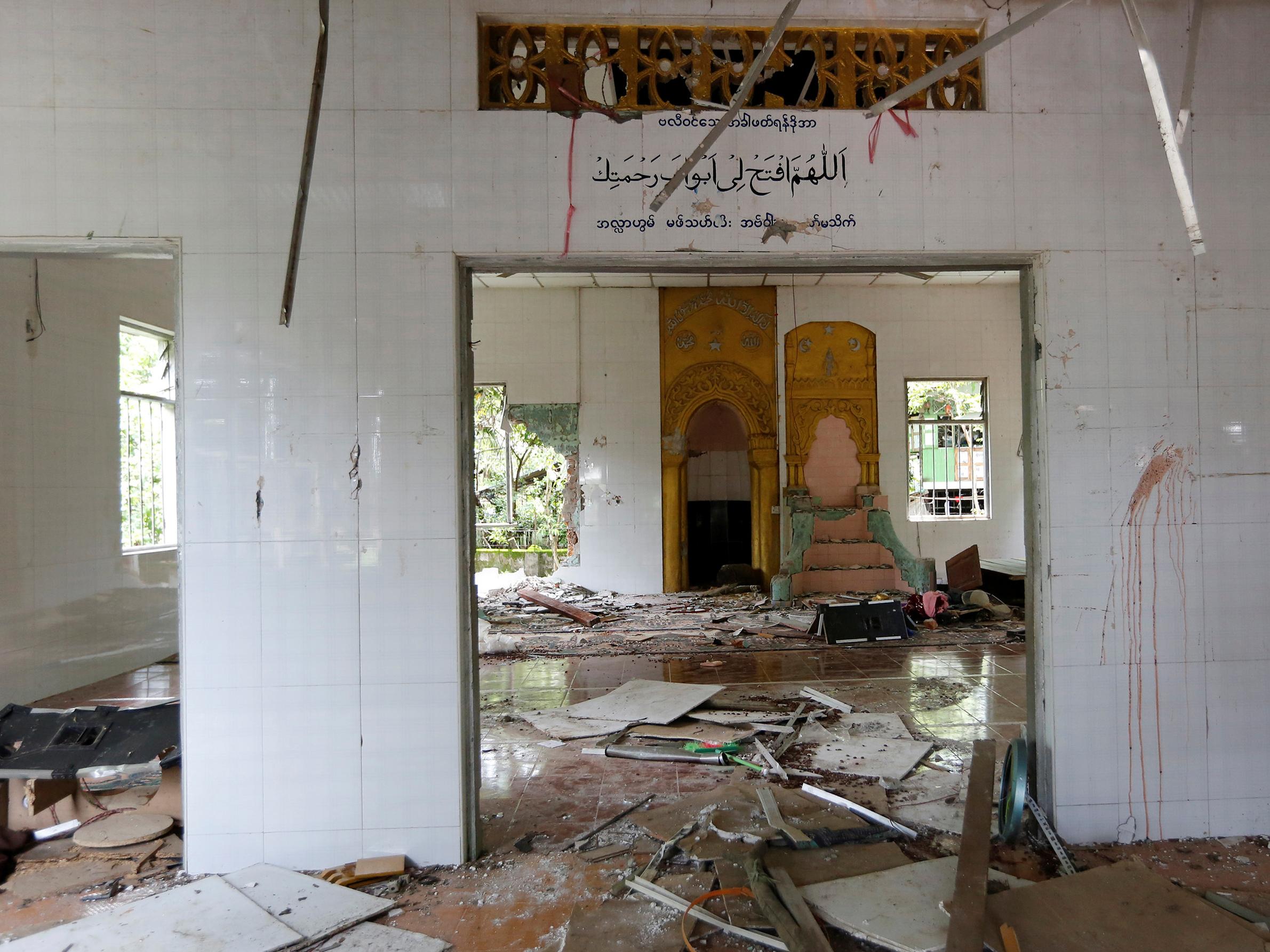 The interior of a mosque destroyed by a group of men on 23 June in a Thayethamin, central Burma. A second Muslim prayer hall has been attacked in the north of the country amid a spike in inter-religious violence