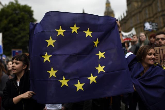 Demonstrators march outside the Houses of Parliament during a protest aimed at showing London's solidarity with the European Union following the recent EU referendum, in central London, Britain June 28, 2016