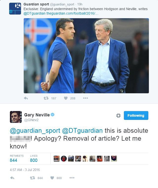 Gary Neville responded to an article in The Guardian via Twitter