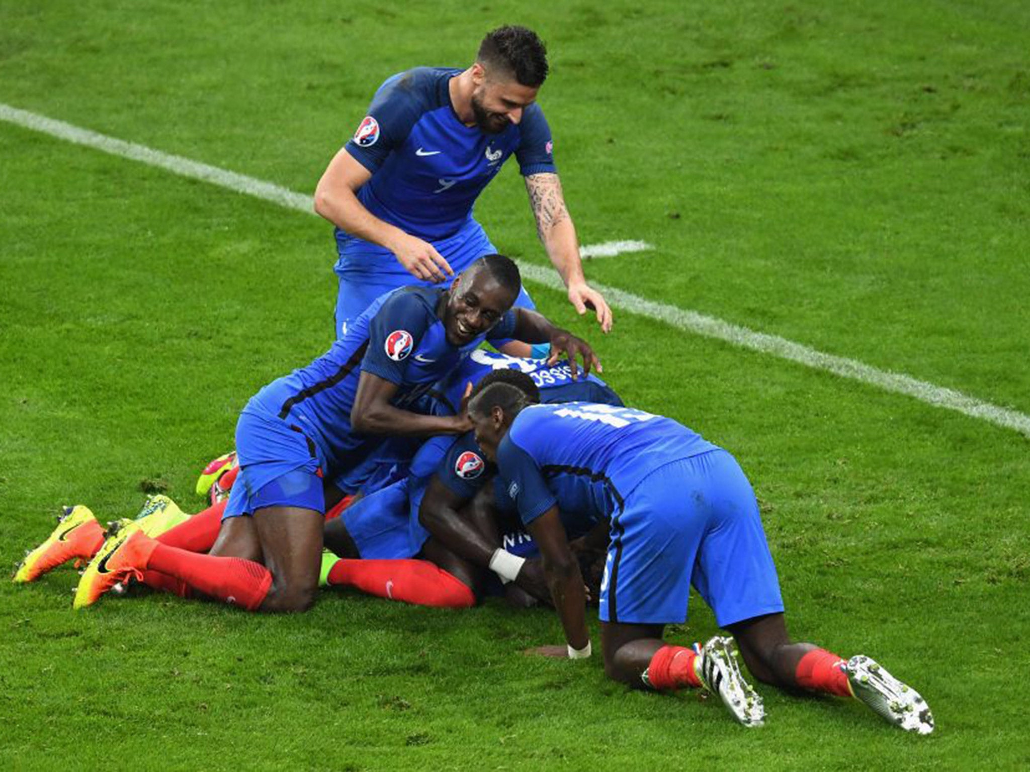 France players celebrate after Antoine Griezmann scores the fourth goal