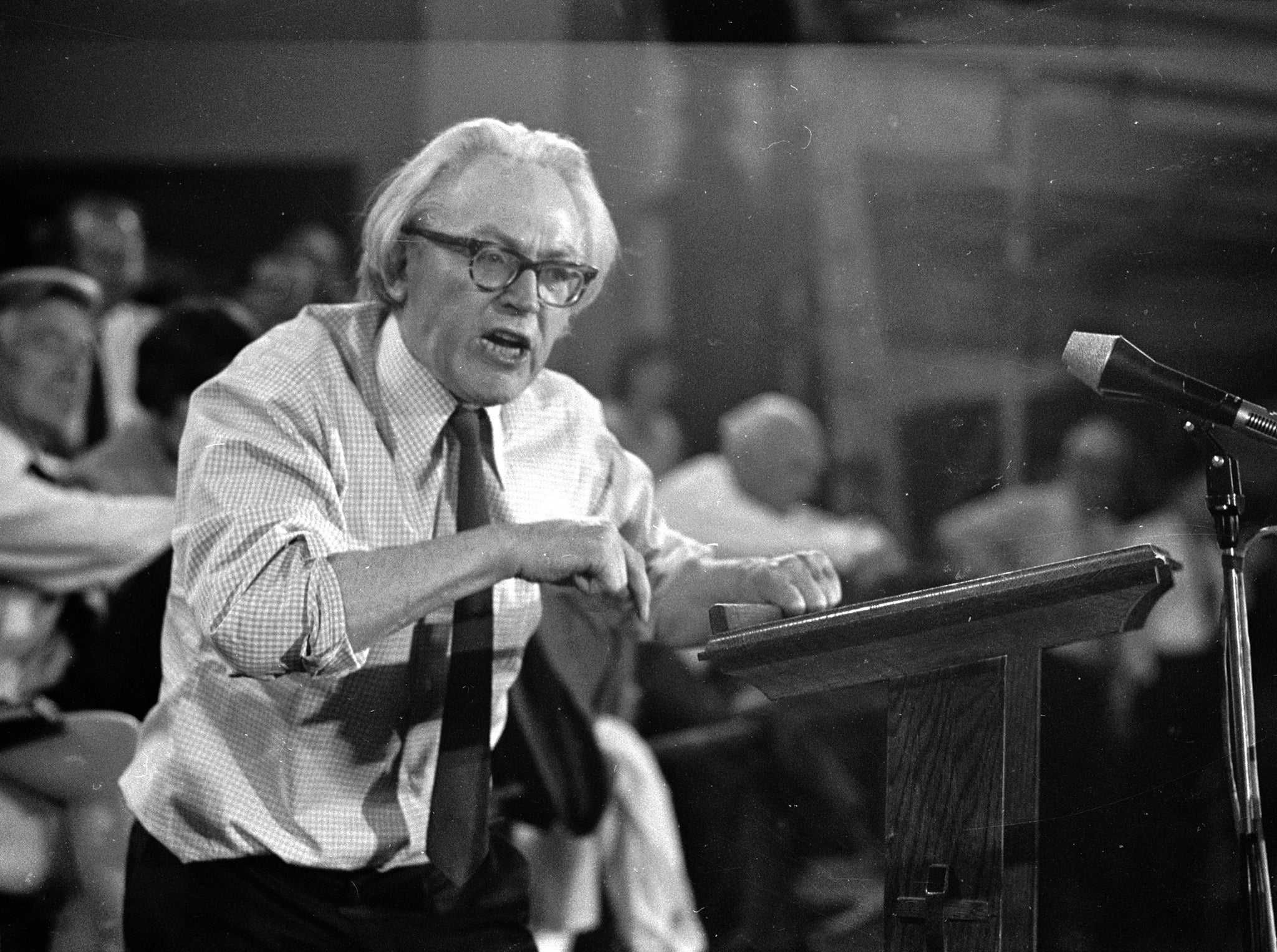 Michael Foot MP speaking at a podium in 1972