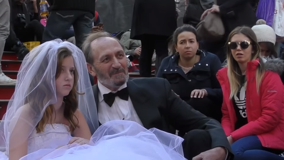 Passers-by are stunned by a social experiment stunt held in New York to highlight child marriage