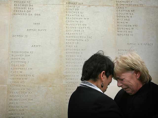 Mothers Theresa Evans (L) and Anne Lawrence meet for the first time and console each other after finding the names of their sons inscribed on the wall of the Armed Forces Memorial and discovering their sons had both died within 24 hours each other in Iraq, 12 October, 2007