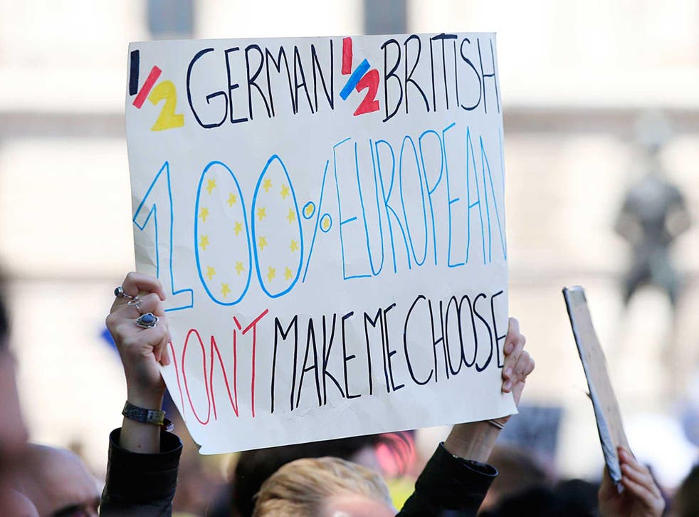 A sign is held in Parliament Square, as Remain supporters gather to take part in the March for Europe rally to show their support for the European Union in the wake of Brexit