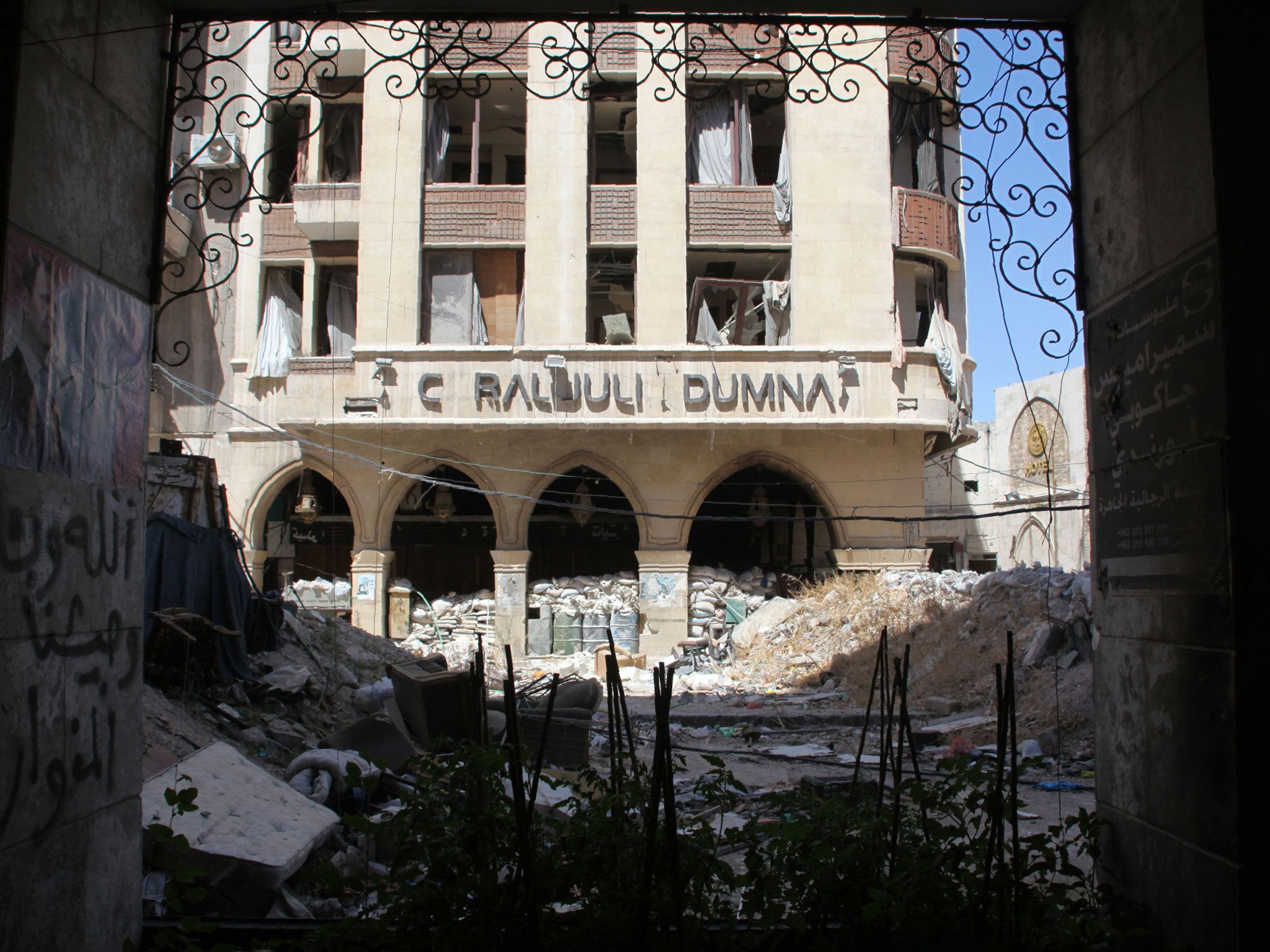 The damaged building of the Coral Julia Dumna Hotel in the government-controlled sector of Aleppo