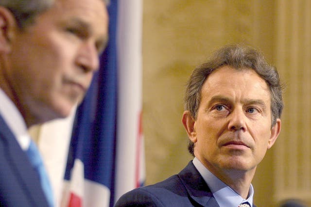 George W Bush speaks to the press July 19, 2001 during a joint statement with Tony Blair at Halton Airbase in Buckinghamshire