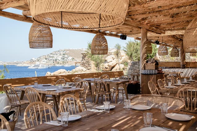 Scorpios Beach Club, set on a promontory between on Mykonos's fashionable south coast