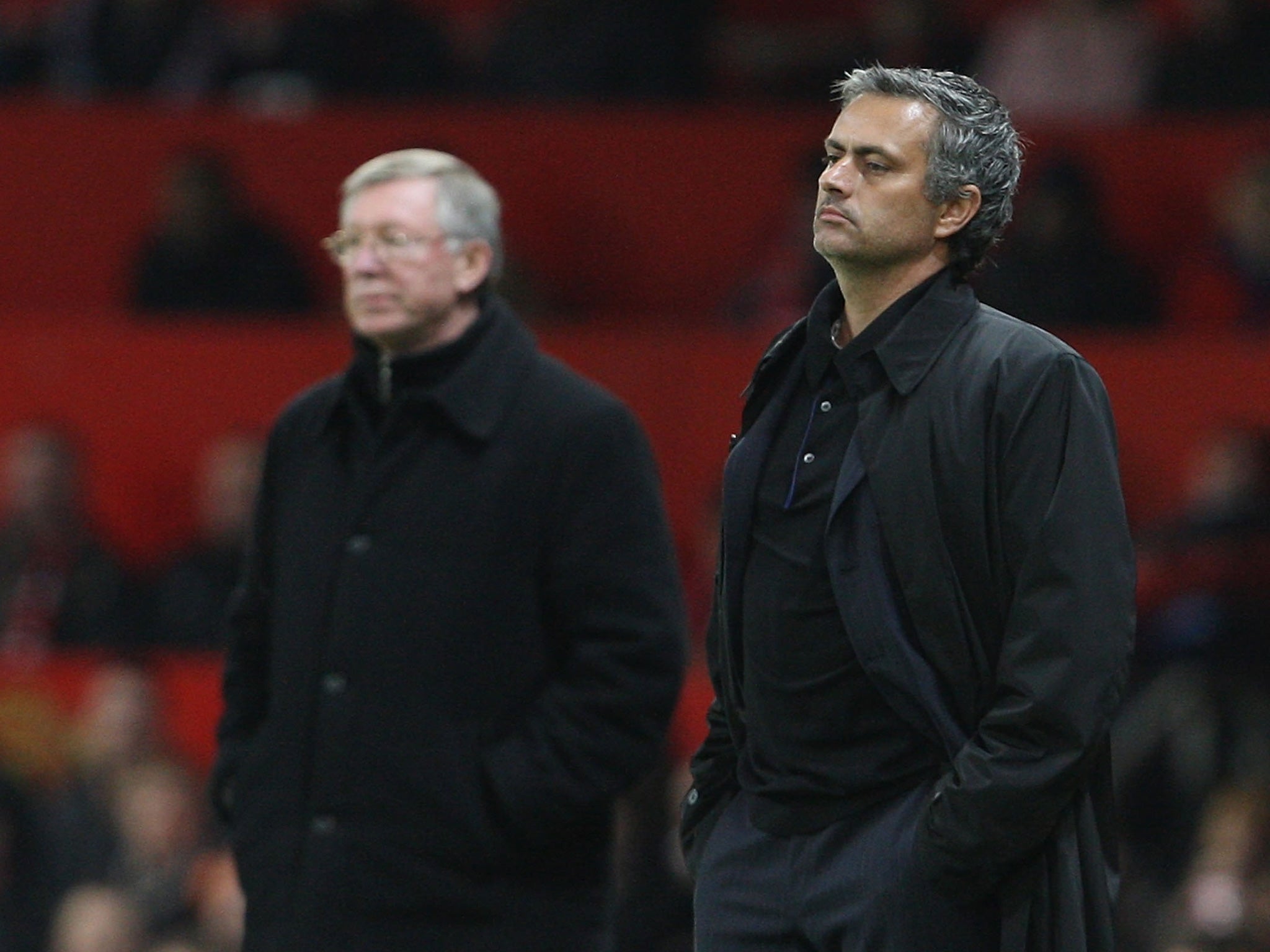 Ferguson and Mourinho on the Old Trafford touchline in 2013