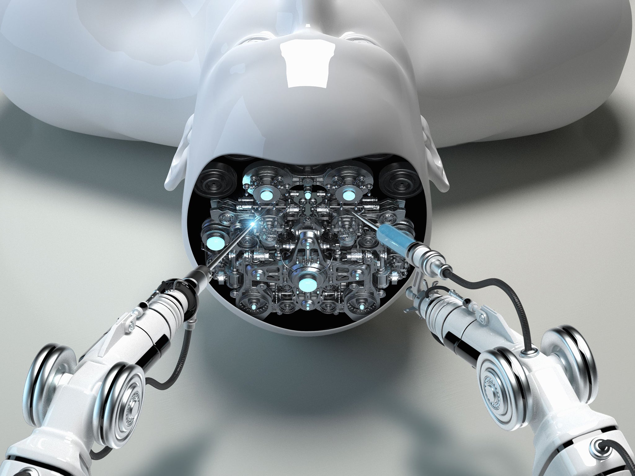 A robotic arm repairs the brain of a male android. Is this the future for humanity?