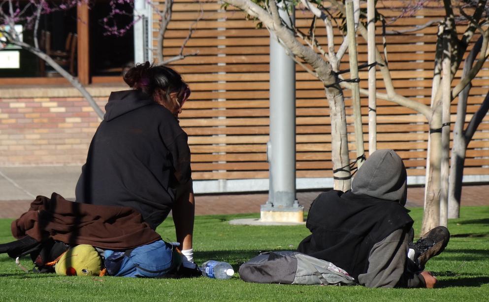Homeless people outside Petco Park in San Diego.