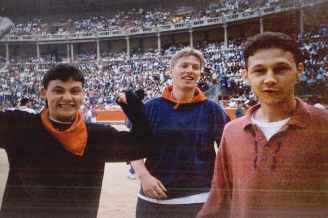 From left to right: David Barnett with his friends Kevin Donald and Chris Doherty complete the Running of the Bulls in 1991