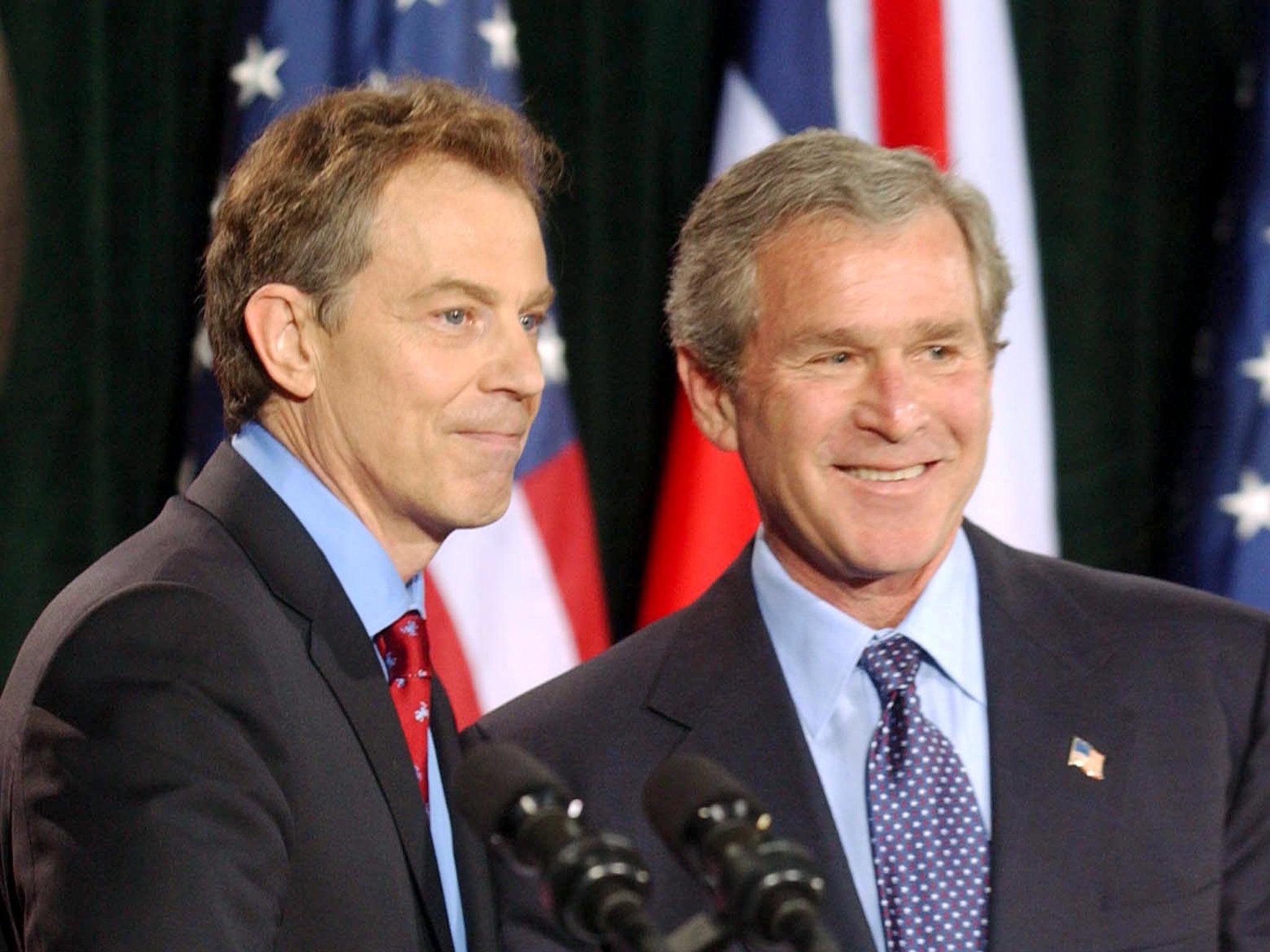 George Bush and Tony Blair during a press conference in Thurmont, Maryland in 2003