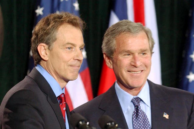 George Bush and Tony Blair during a press conference in Thurmont, Maryland in 2003