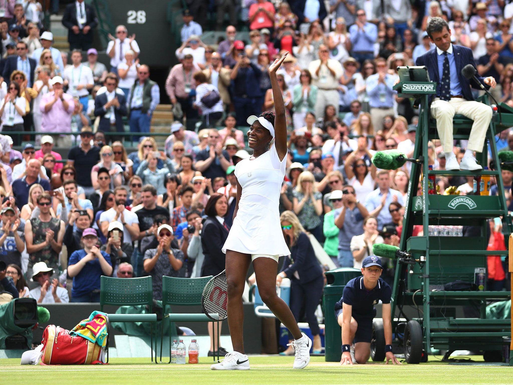 Venus Williams enjoys the moment of victory in her quarter-final