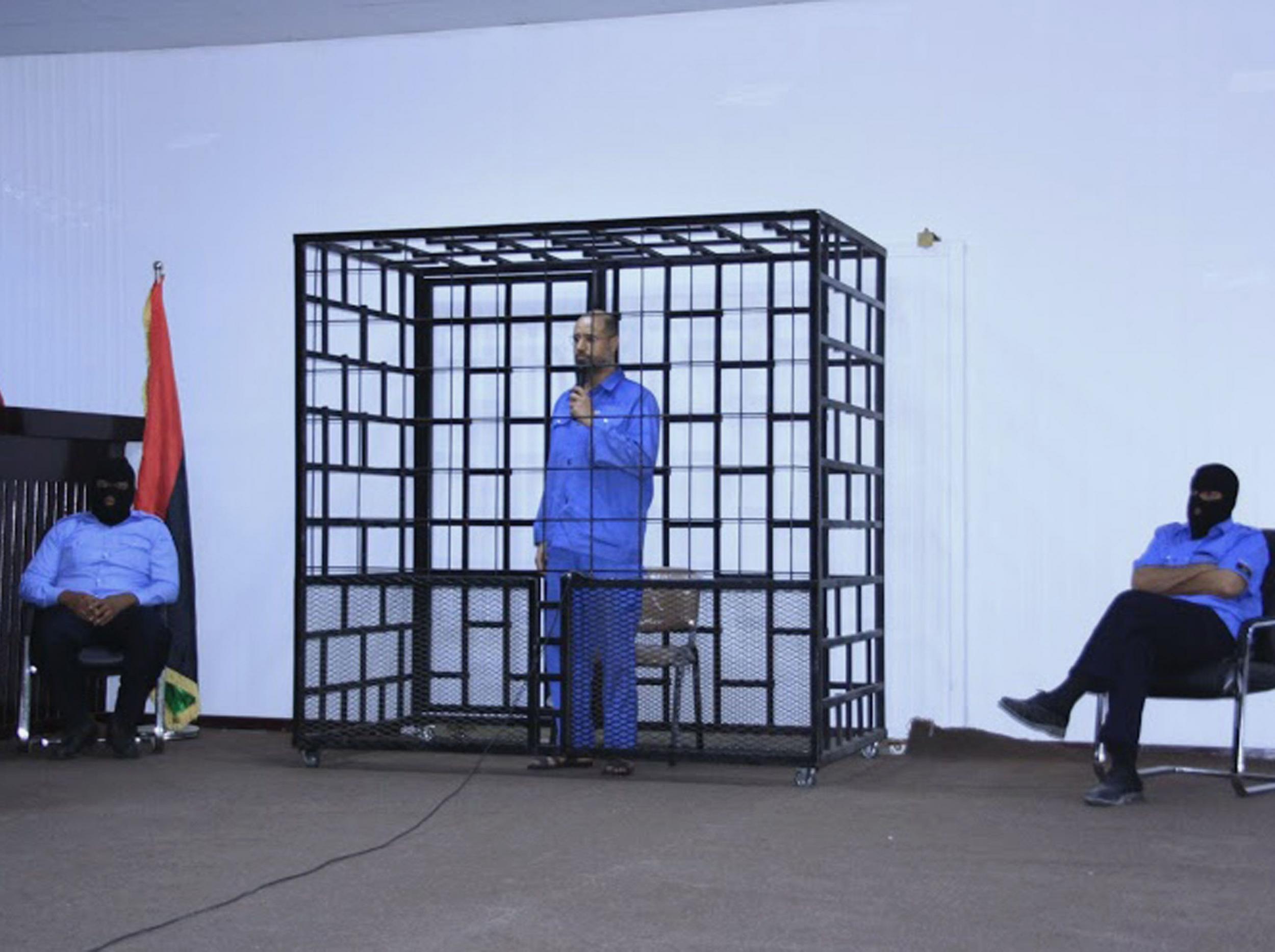 Saif al-Islam Gaddafi, son of late Libyan leader Muammar Gaddafi, in court in Zintan, north west Libya