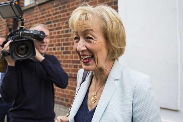Andrea Leadsom, British Energy Secretary and Conservative Party leadership contender, leaves her home to go to a campaign rally in London