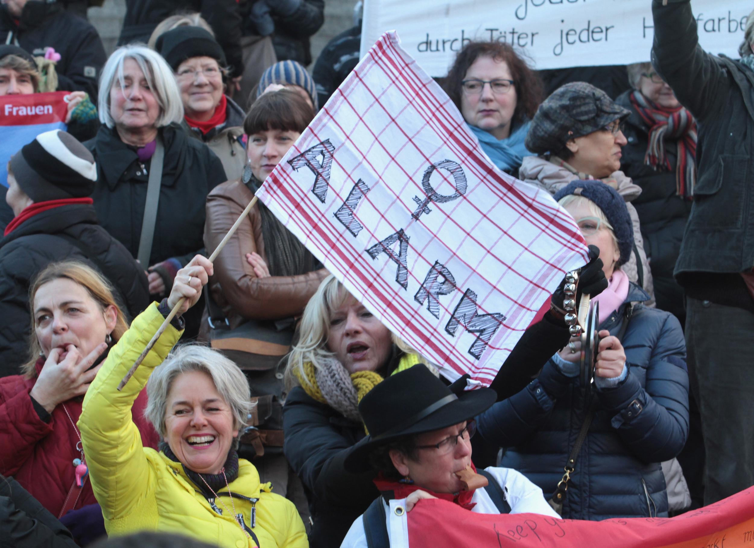 A flash mob demonstrate against racism and sexism in Cologne, Germany in the aftermath of a string of New Year's Eve sexual assaults and robberies